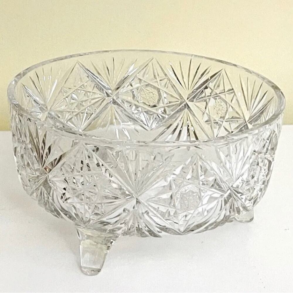 Bowl Antique American Brilliant Cut Glass Footed Hobstar Fan Centerpiece Salad